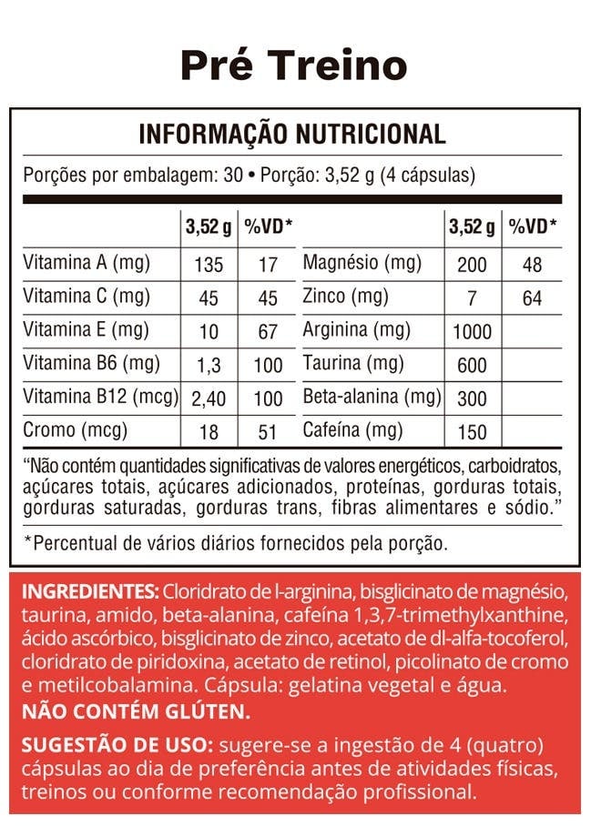 Tabela nutricional de Pré-Treino Ocean Drop — 120 cápsulas