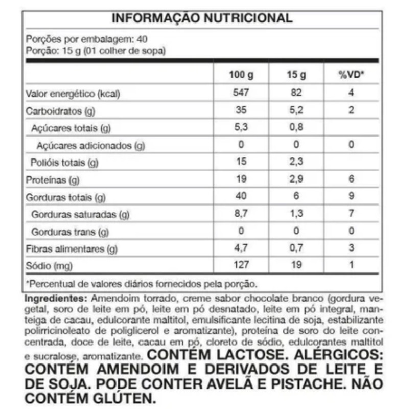 Tabela nutricional de PASTA AMENDO WHEY SABOR DULCE DE LECHE CREAM HAVANNA 600G